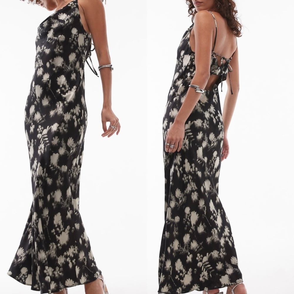 New Topshop twist back cowl neck maxi slip Dress mono floral satin formal